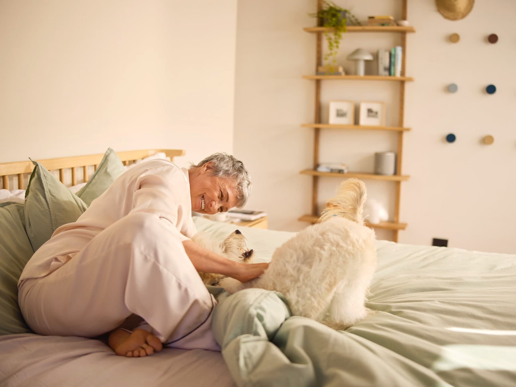 Насмеана жена гали куче на кревет